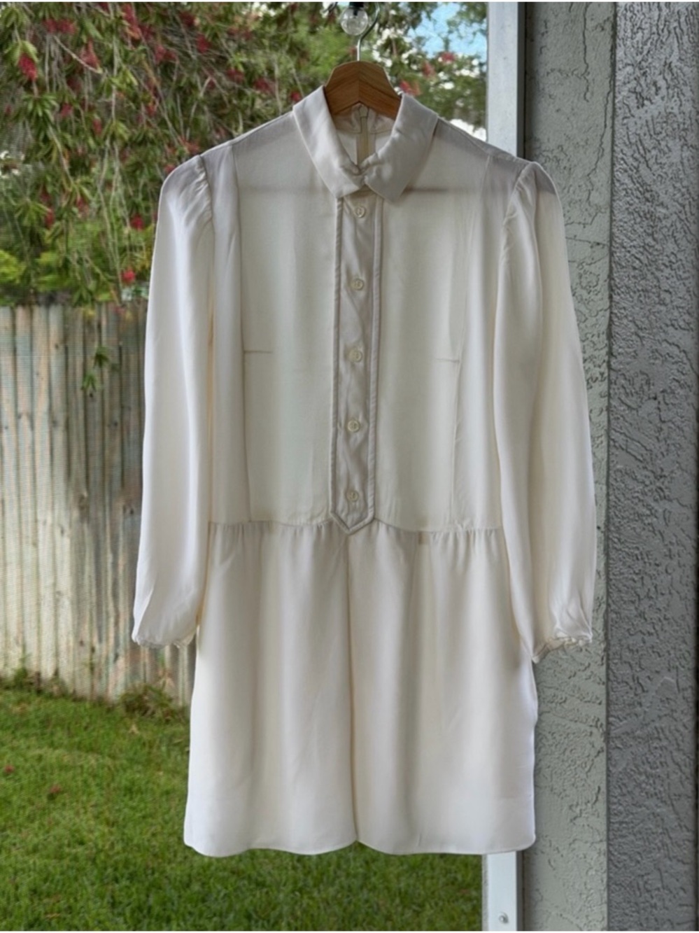 Carven Cream Chiffon-Feel Shirt Dress Mini Size 40 Fits US 4–6 Side Slit Pockets